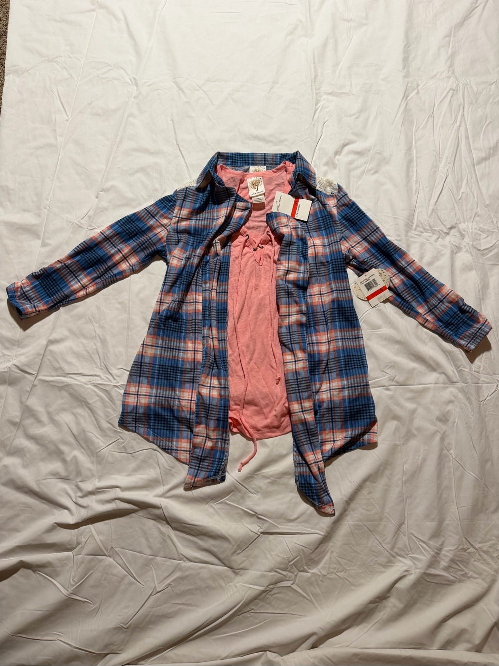 NWT Self Esteem Plaid Duster & Pink Lace-Up Tank 2-Piece Set - XS